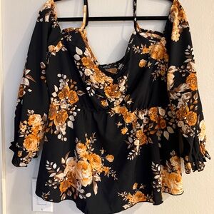 BOGO 2x Floral Black and Orange Women's long sleeve blouse